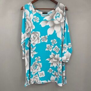 Bob Mackie Floral Cold Shoulder Tunic Top Womens 2X Turquoise Grey Wearable Art